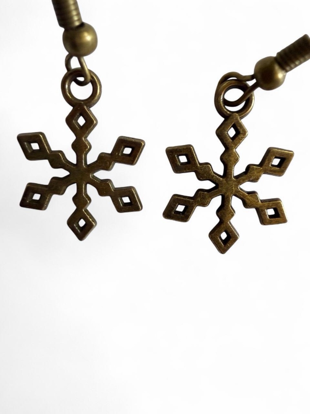 Handmade Bronze Snowflake Earrings Winter Snow Dangles ❄️ - Picture 2 of 7